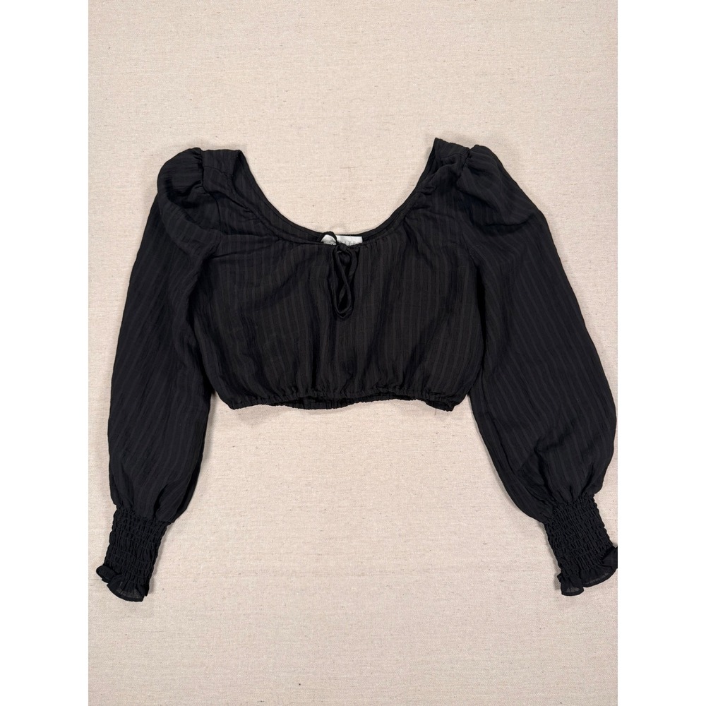 WAYF Black Textured Stripe Long Sleeve Crop Top Smocked Cuff Small